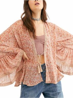 Free People Lola Printed Kimono - Pink Floral oversized/ Size Med
